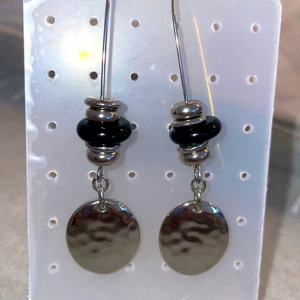 Classy Black and Silver dangle earrings with beads and hammered silver coins